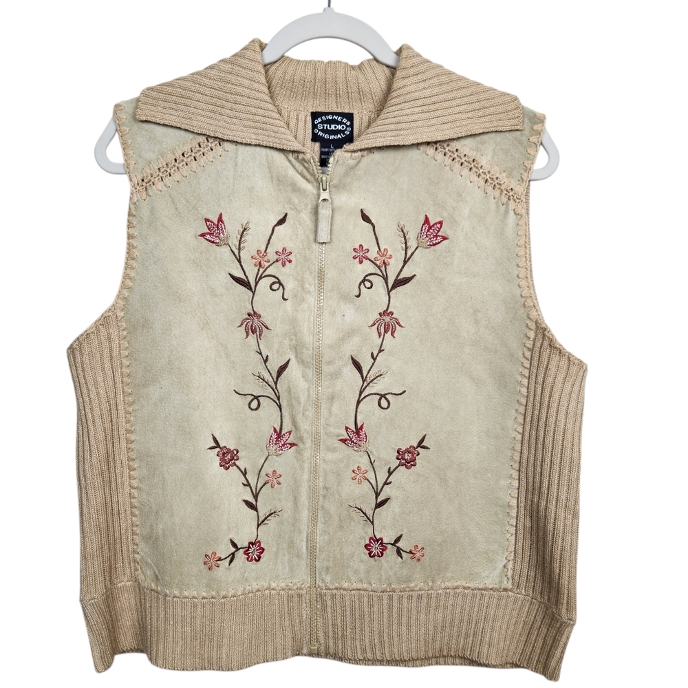 Designers Studio Orginials Vintage Tan Leather Floral Sweater Vest Womens Size L